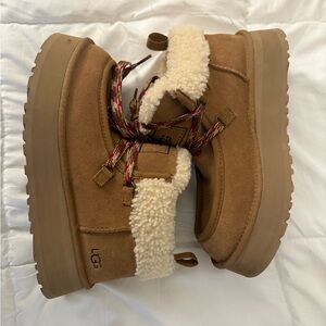 UGG Tan Shearling Boots with Red Laces